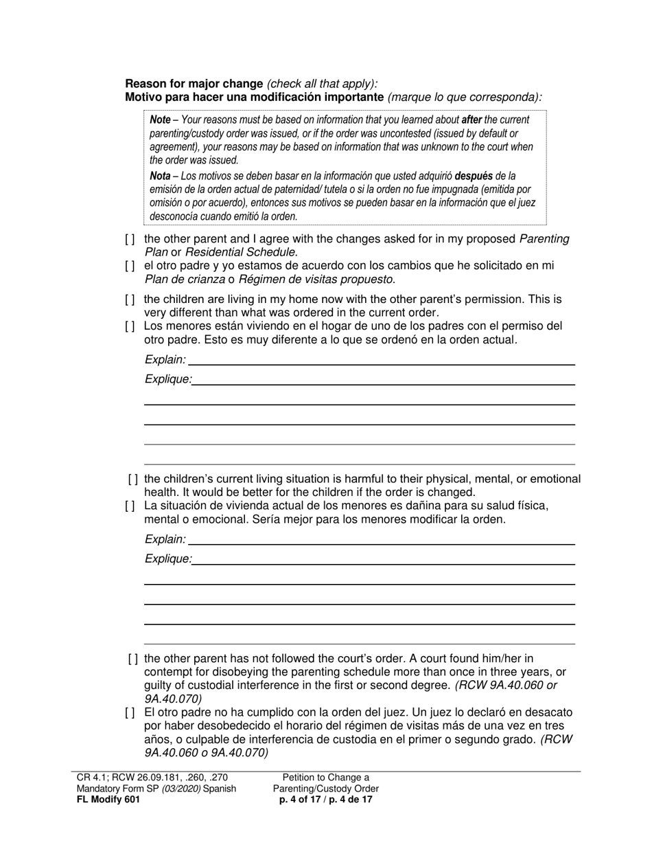 Form FL Modify601 Petition to Change a Parenting Plan, Residential Schedule or Custody Order (Ptmd) - Washington (English / Spanish), Page 4