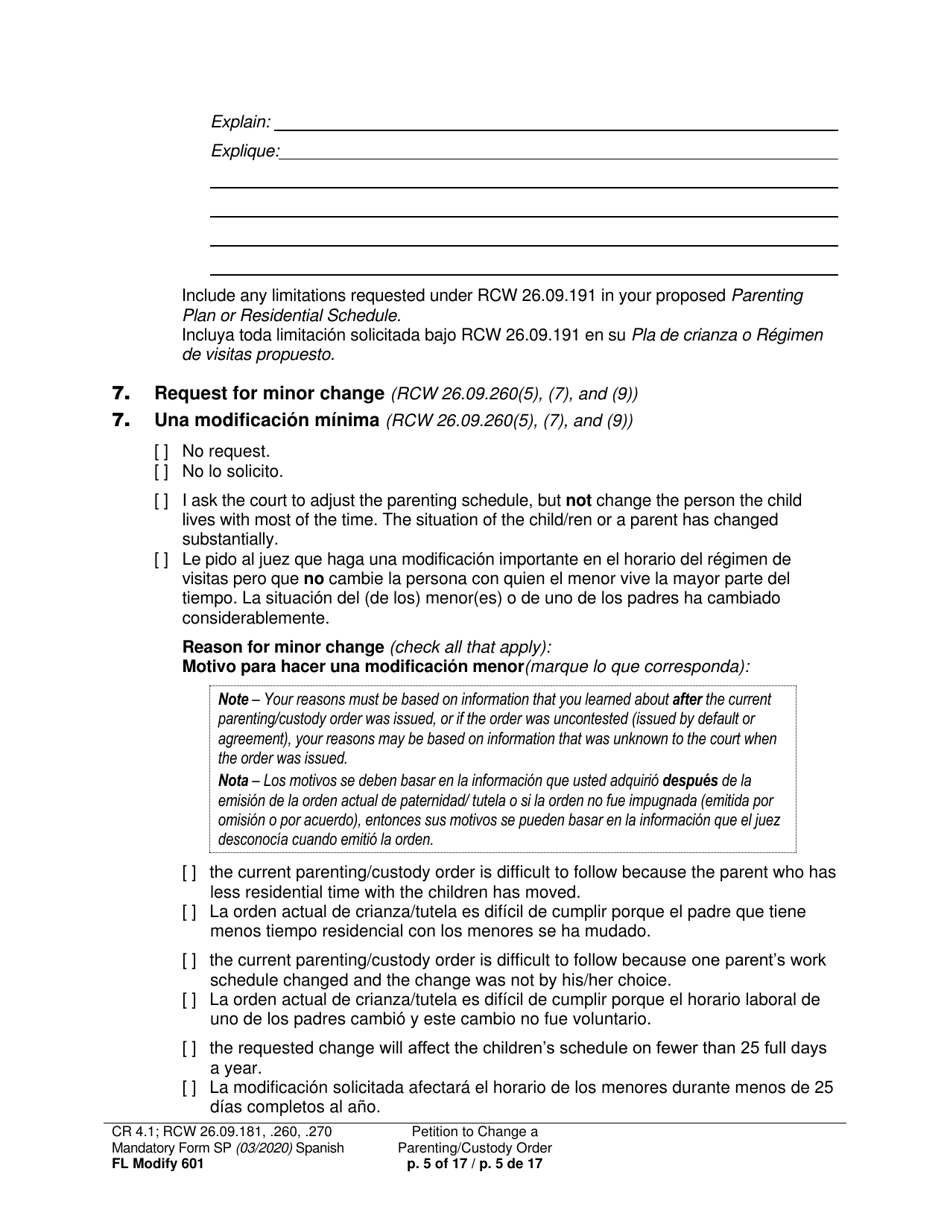 Form FL Modify601 Petition to Change a Parenting Plan, Residential Schedule or Custody Order (Ptmd) - Washington (English / Spanish), Page 5
