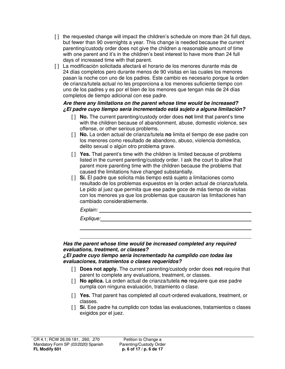 Form FL Modify601 Petition to Change a Parenting Plan, Residential Schedule or Custody Order (Ptmd) - Washington (English / Spanish), Page 6
