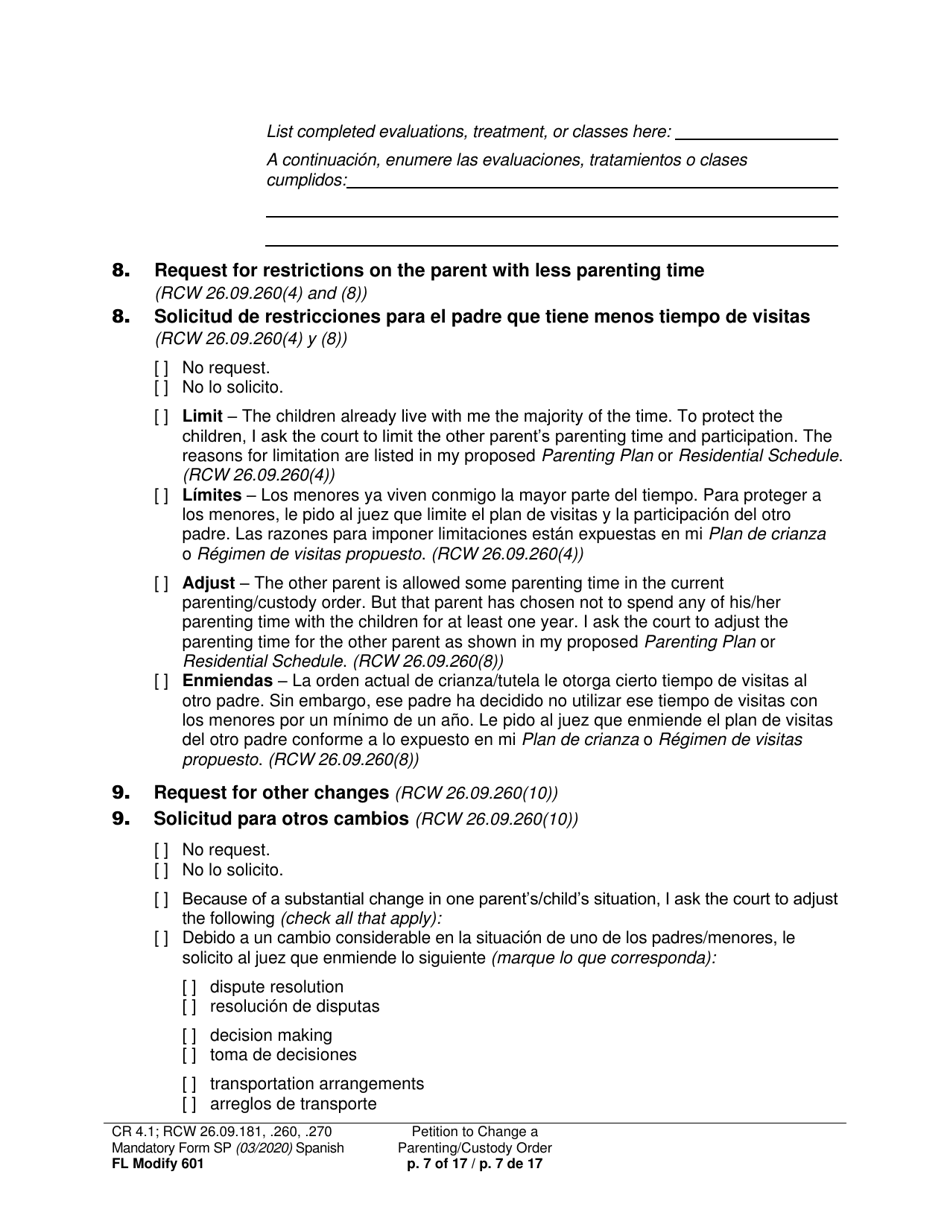 Form FL Modify601 Petition to Change a Parenting Plan, Residential Schedule or Custody Order (Ptmd) - Washington (English / Spanish), Page 7