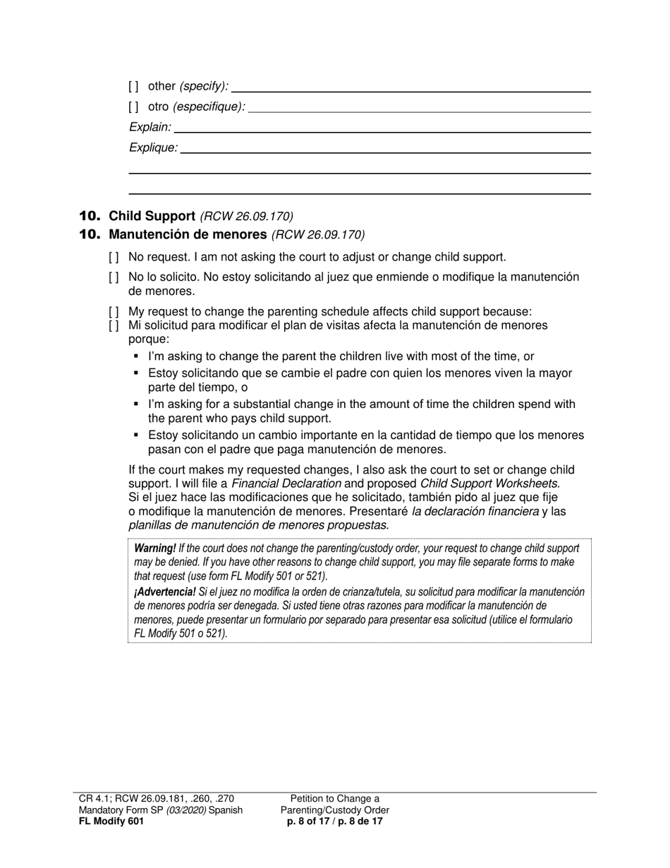 Form FL Modify601 Petition to Change a Parenting Plan, Residential Schedule or Custody Order (Ptmd) - Washington (English / Spanish), Page 8