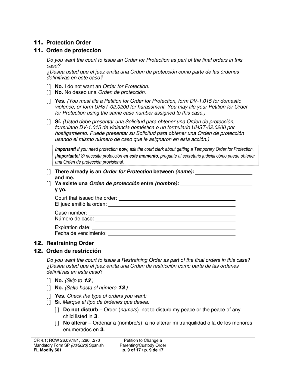 Form FL Modify601 Petition to Change a Parenting Plan, Residential Schedule or Custody Order (Ptmd) - Washington (English / Spanish), Page 9
