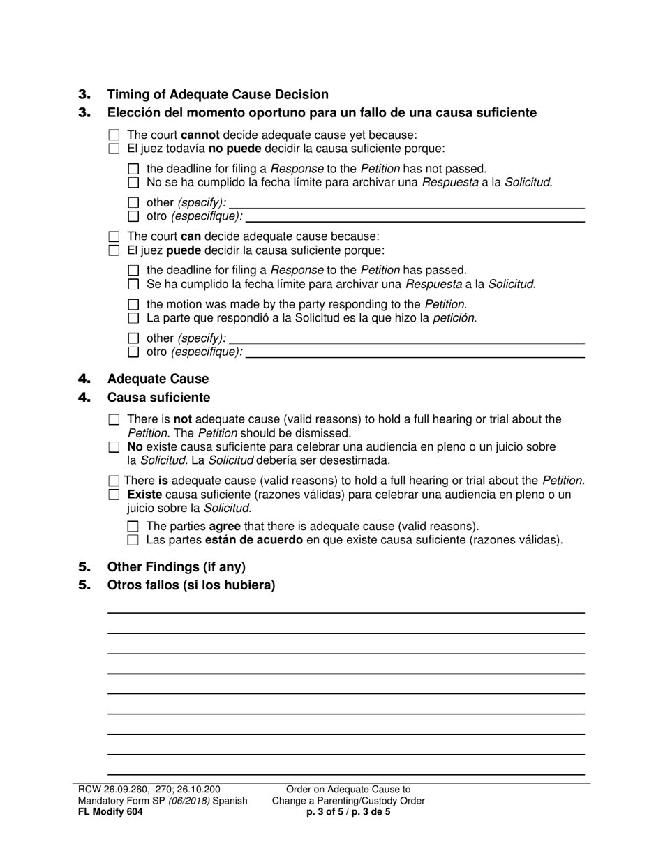 Form FL Modify604 Order on Adequate Cause to Change a Parenting / Custody Order - Washington (English / Spanish), Page 3