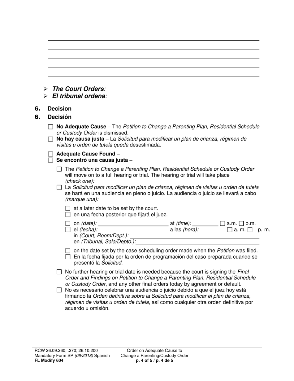 Form FL Modify604 Order on Adequate Cause to Change a Parenting / Custody Order - Washington (English / Spanish), Page 4