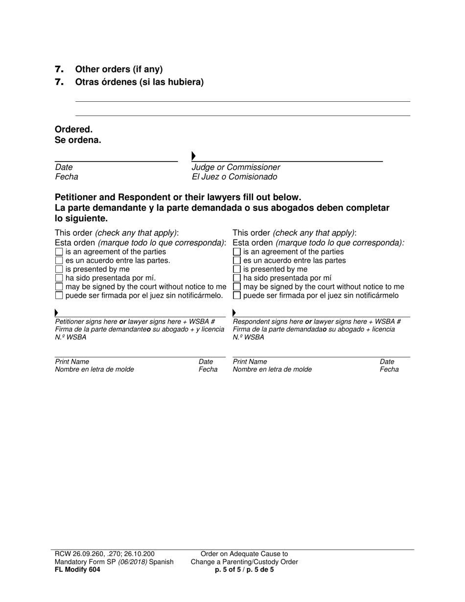Form FL Modify604 Order on Adequate Cause to Change a Parenting / Custody Order - Washington (English / Spanish), Page 5