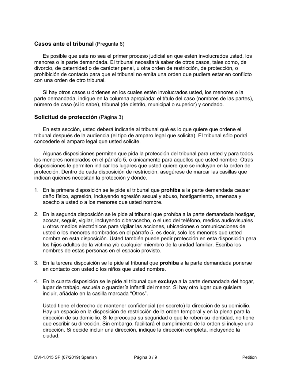 Instrucciones para Formulario WPF DV-1.015 Petition for Order for Protection - Washington (Spanish), Page 3