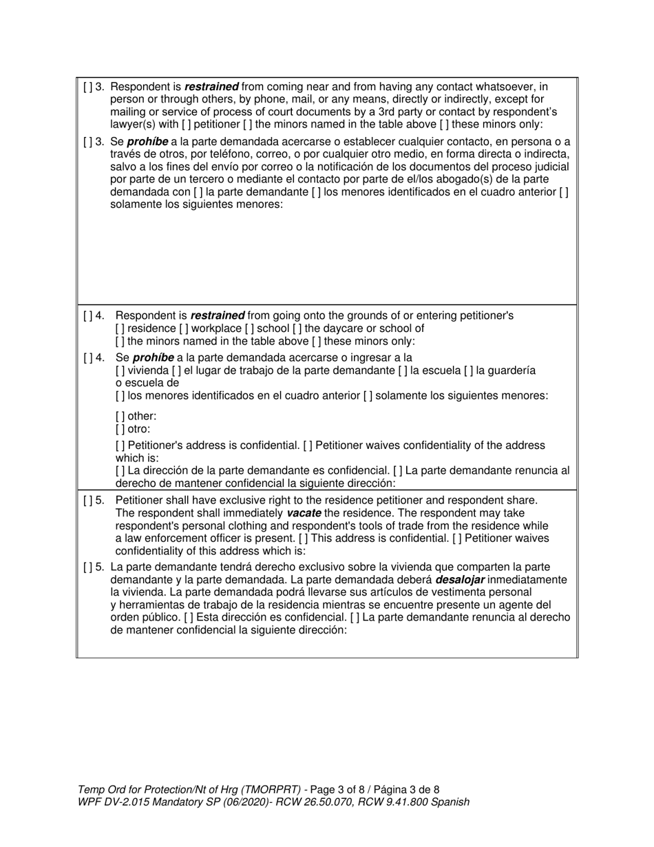 Form WPF DV-2.015 Temporary Order for Protection and Notice of Hearing (Tmorprt) - Washington (English / Spanish), Page 3