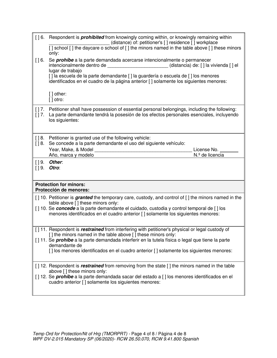 Form WPF DV-2.015 Temporary Order for Protection and Notice of Hearing (Tmorprt) - Washington (English / Spanish), Page 4
