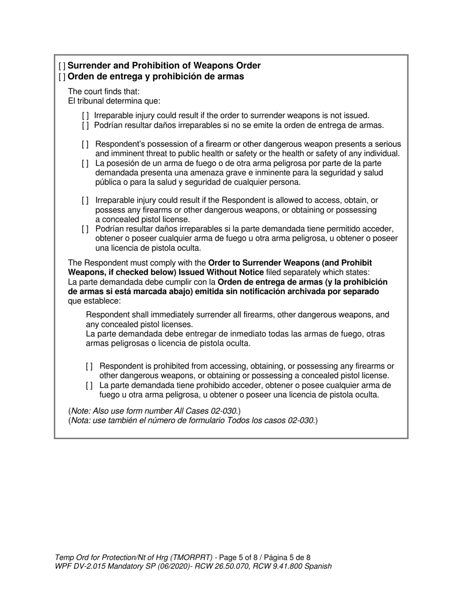 Form WPF DV-2.015 Temporary Order for Protection and Notice of Hearing (Tmorprt) - Washington (English / Spanish), Page 5