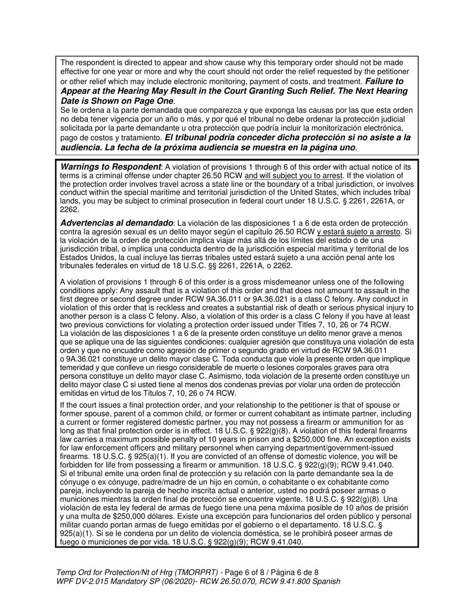 Form WPF DV-2.015 Temporary Order for Protection and Notice of Hearing (Tmorprt) - Washington (English / Spanish), Page 6