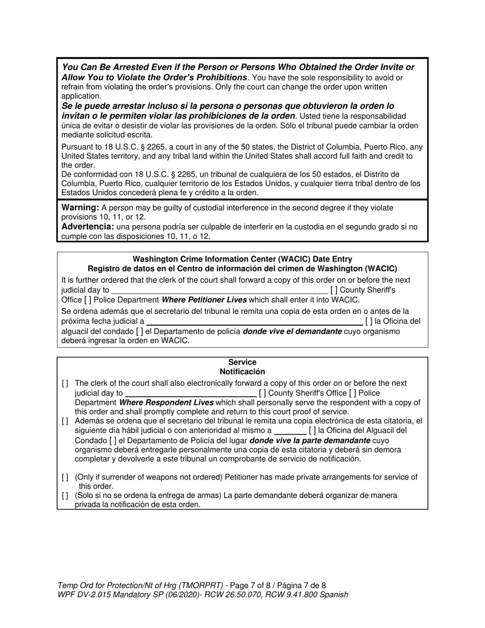 Form WPF DV-2.015 Temporary Order for Protection and Notice of Hearing (Tmorprt) - Washington (English / Spanish), Page 7