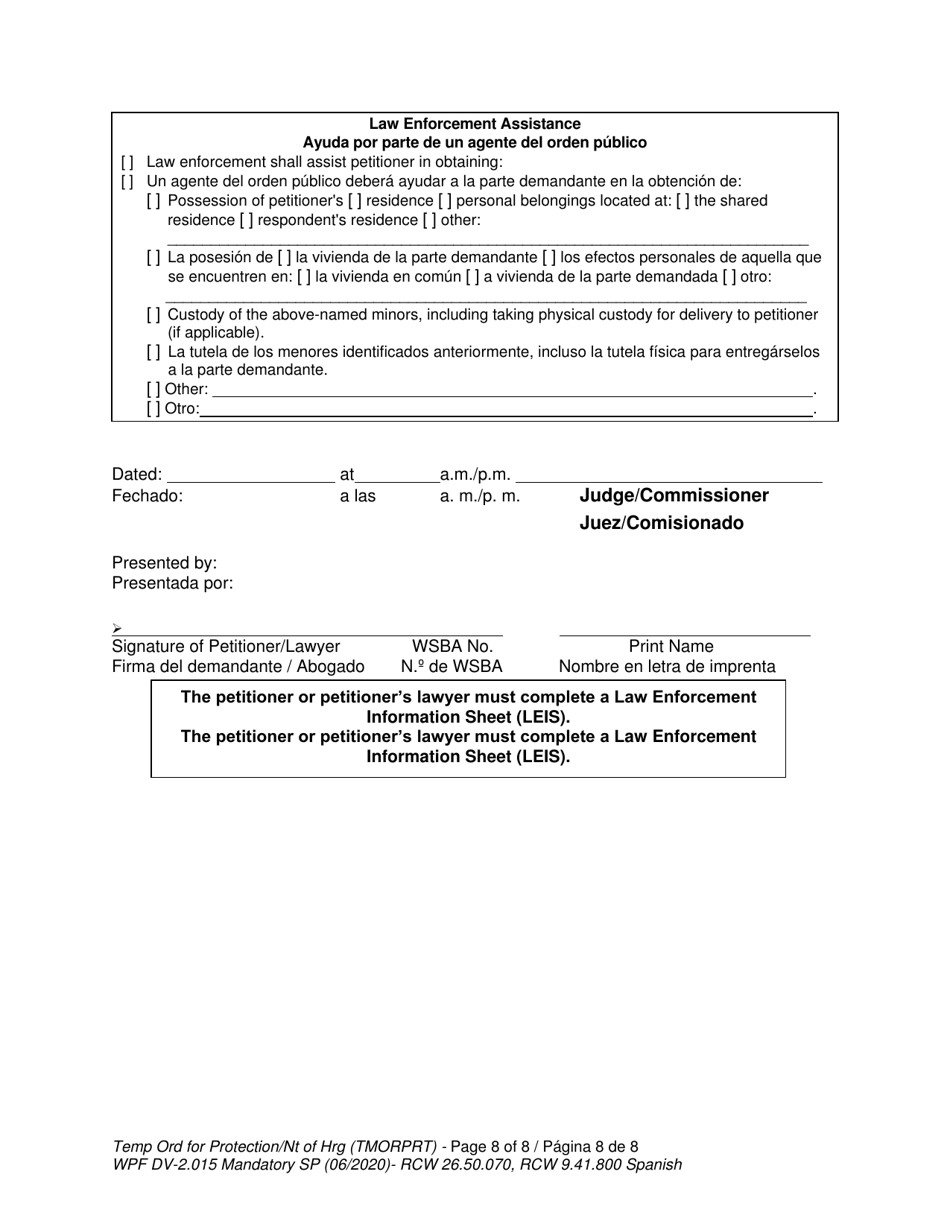 Form WPF DV-2.015 Temporary Order for Protection and Notice of Hearing (Tmorprt) - Washington (English / Spanish), Page 8