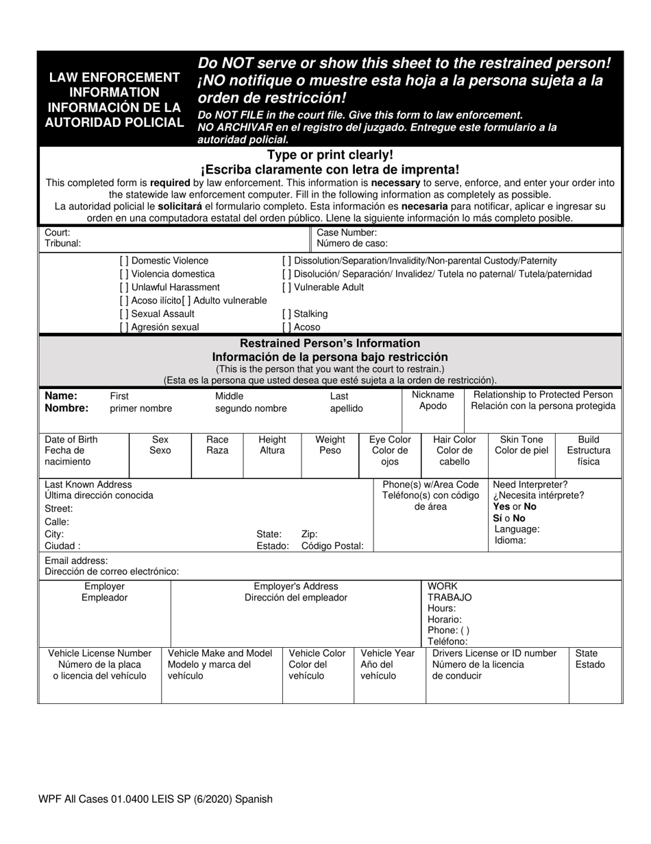 Form WPF All Cases01.0400 Law Enforcement Information Sheet (Leis) - Washington (English / Spanish), Page 1