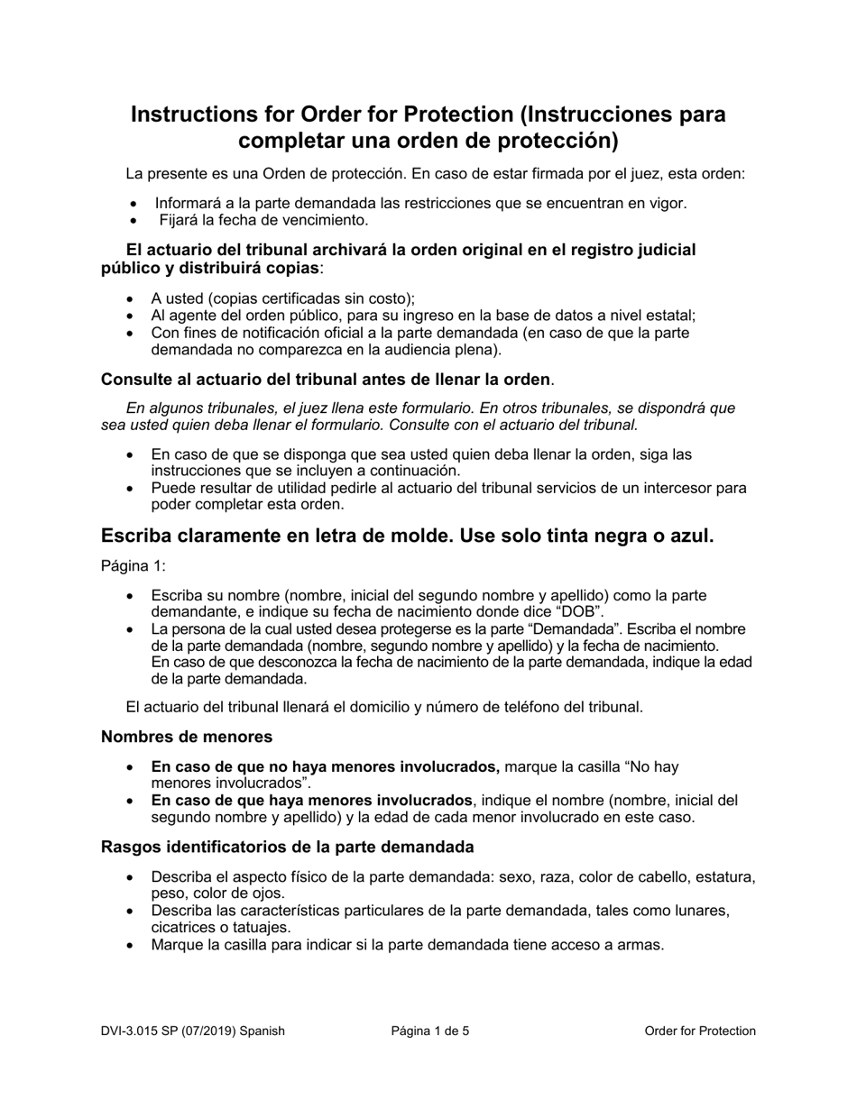 Instrucciones para Formulario WPF DV-3.015 Order for Protection - Washington (Spanish), Page 1
