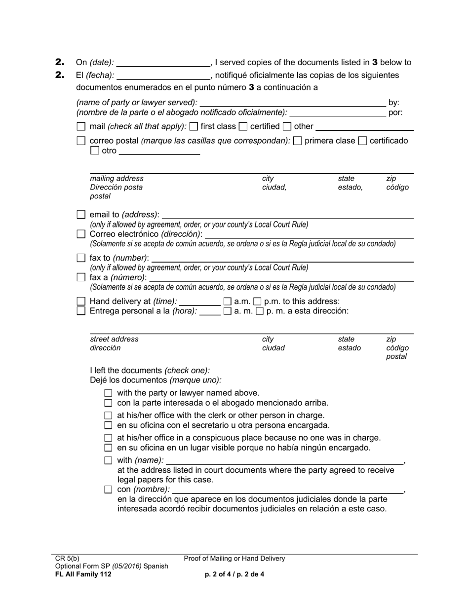 Form FL All Family112 Proof of Mailing or Hand Delivery (For Documents After Summons and Petition) - Washington (English / Spanish), Page 2