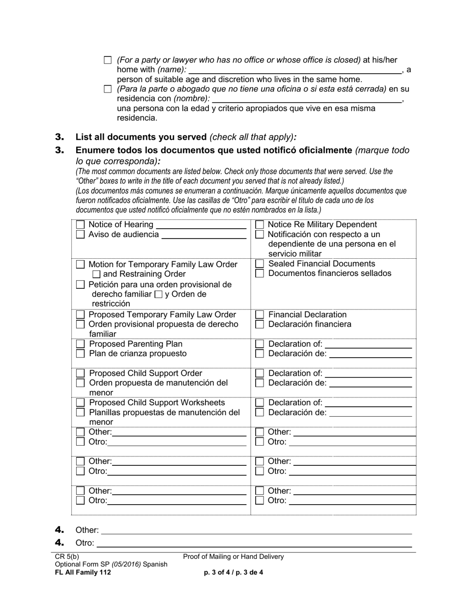 Form FL All Family112 Proof of Mailing or Hand Delivery (For Documents After Summons and Petition) - Washington (English / Spanish), Page 3