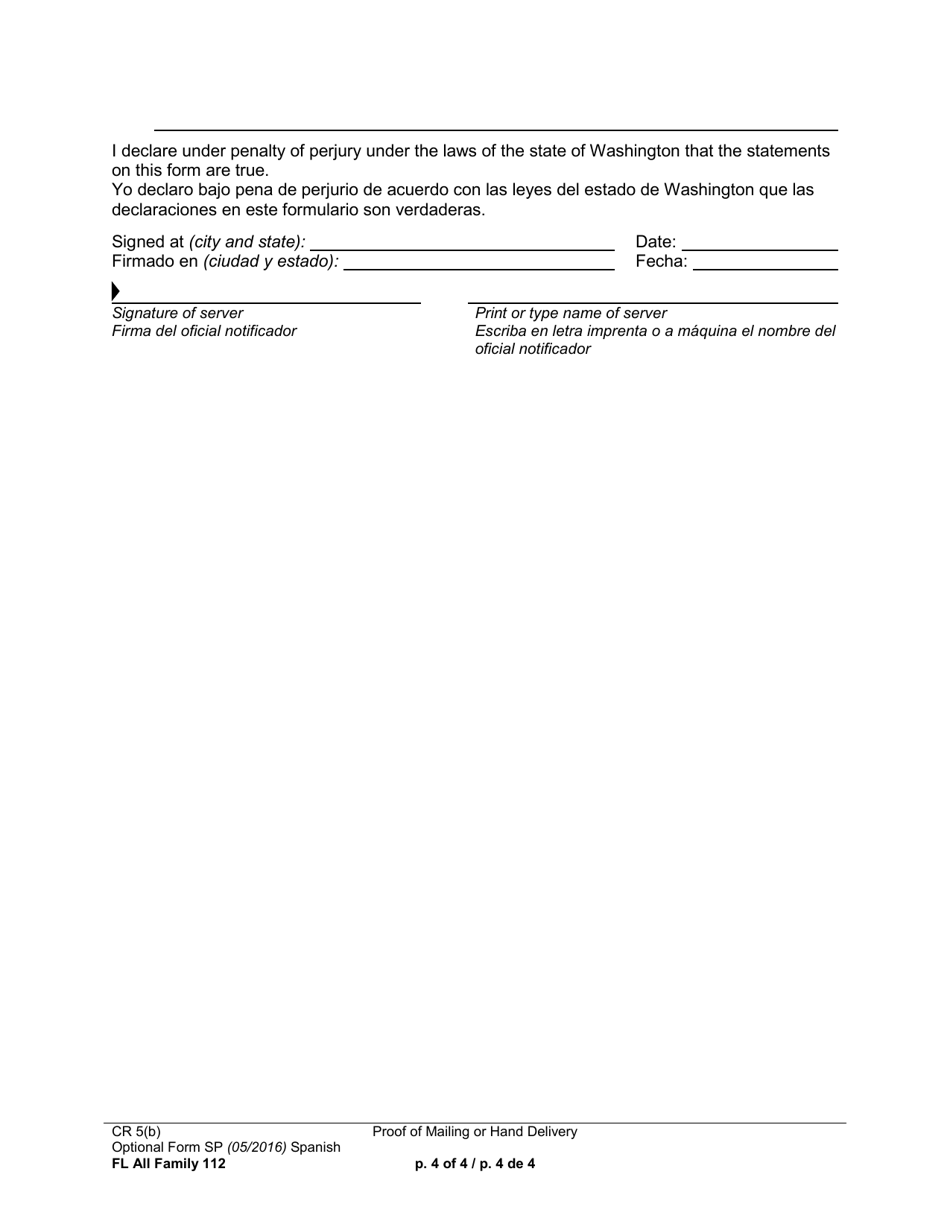 Form FL All Family112 Proof of Mailing or Hand Delivery (For Documents After Summons and Petition) - Washington (English / Spanish), Page 4