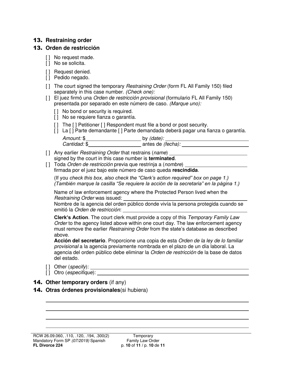 Form FL Divorce224 Temporary Family Law Order - Washington (English / Spanish), Page 10