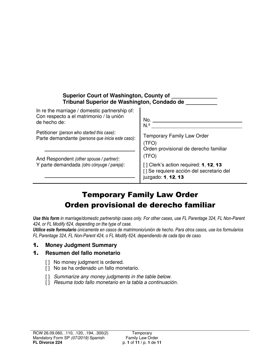 Form FL Divorce224 Temporary Family Law Order - Washington (English / Spanish), Page 1