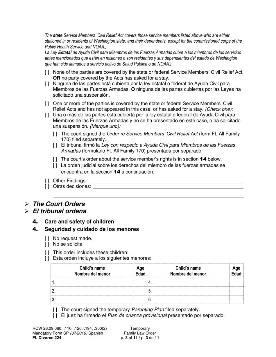 Form FL Divorce224 Temporary Family Law Order - Washington (English / Spanish), Page 3