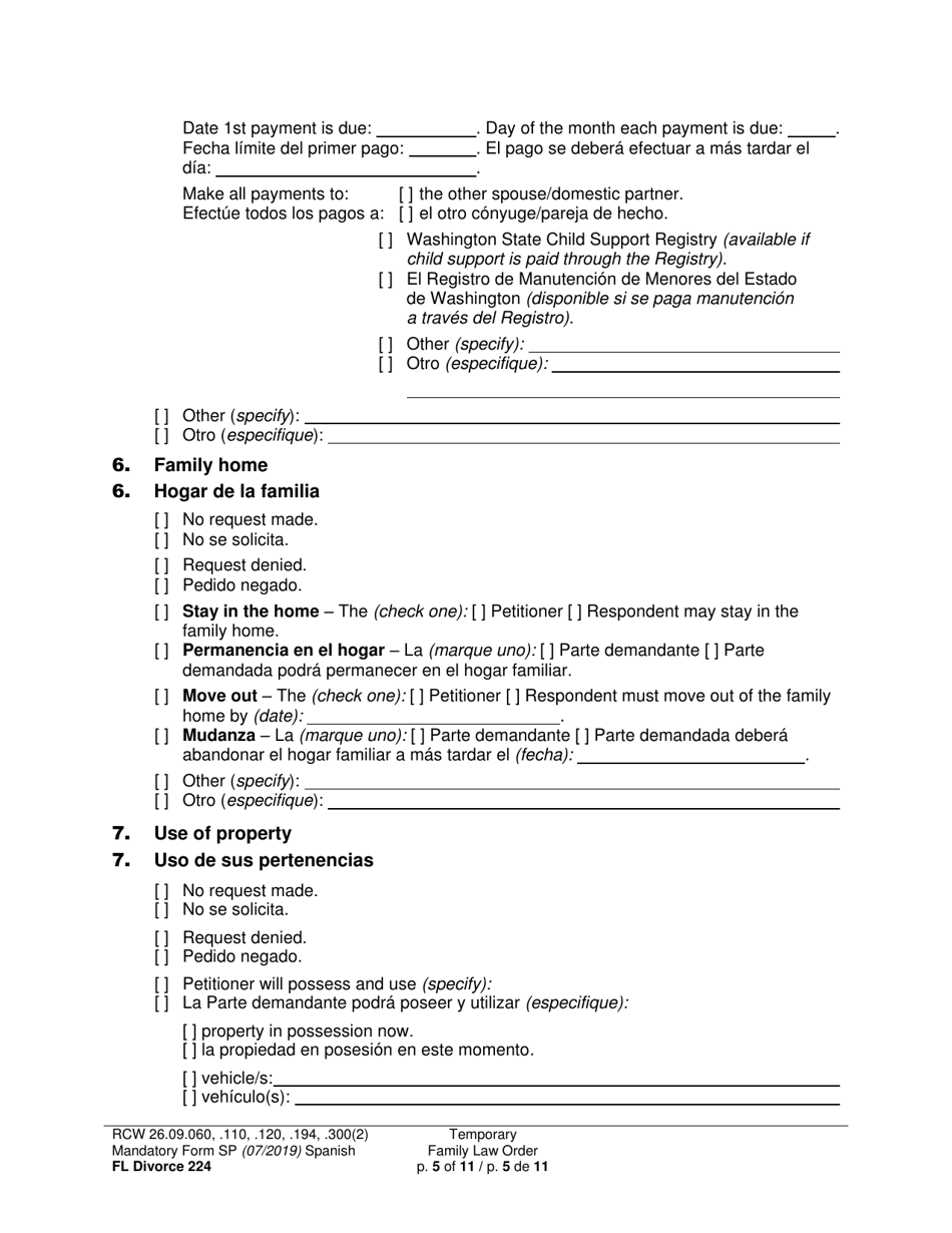 Form FL Divorce224 Temporary Family Law Order - Washington (English / Spanish), Page 5