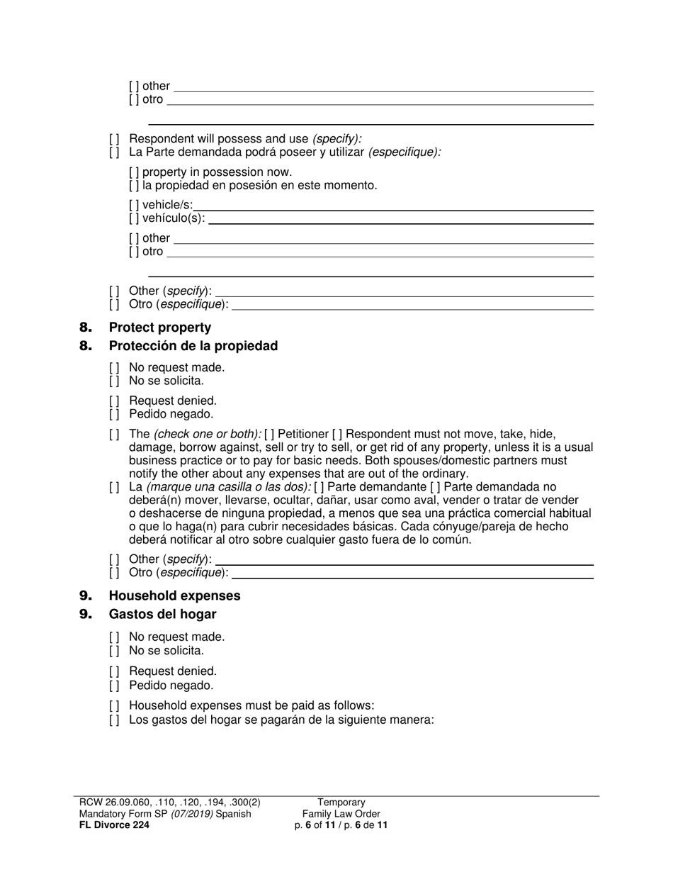 Form FL Divorce224 Temporary Family Law Order - Washington (English / Spanish), Page 6