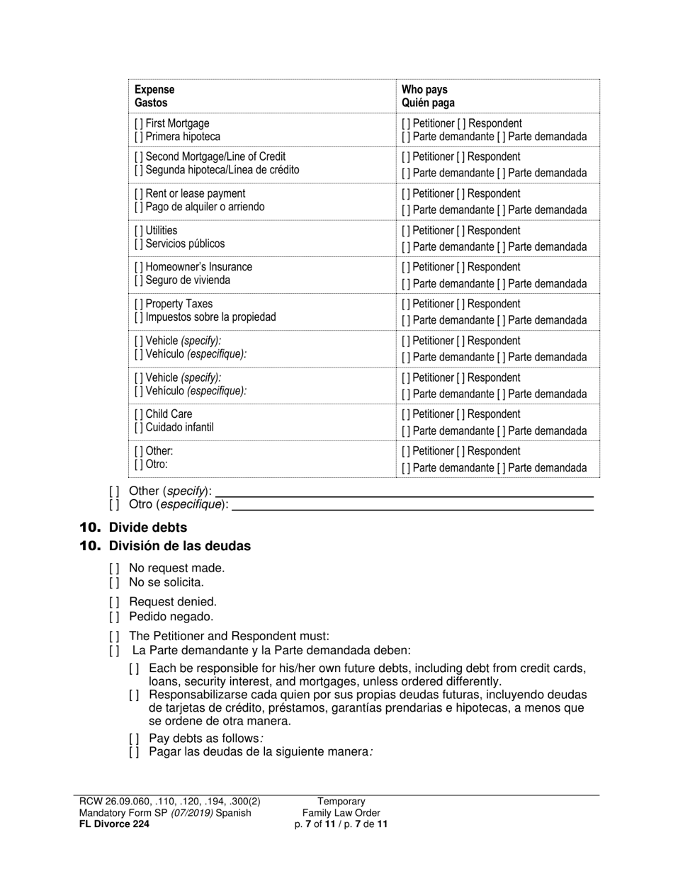 Form FL Divorce224 Temporary Family Law Order - Washington (English / Spanish), Page 7