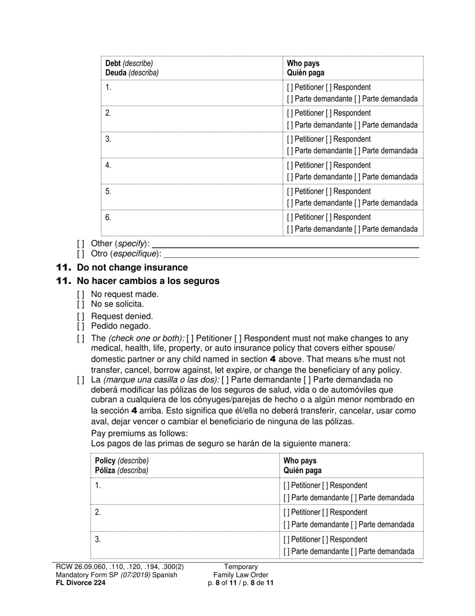 Form FL Divorce224 Temporary Family Law Order - Washington (English / Spanish), Page 8