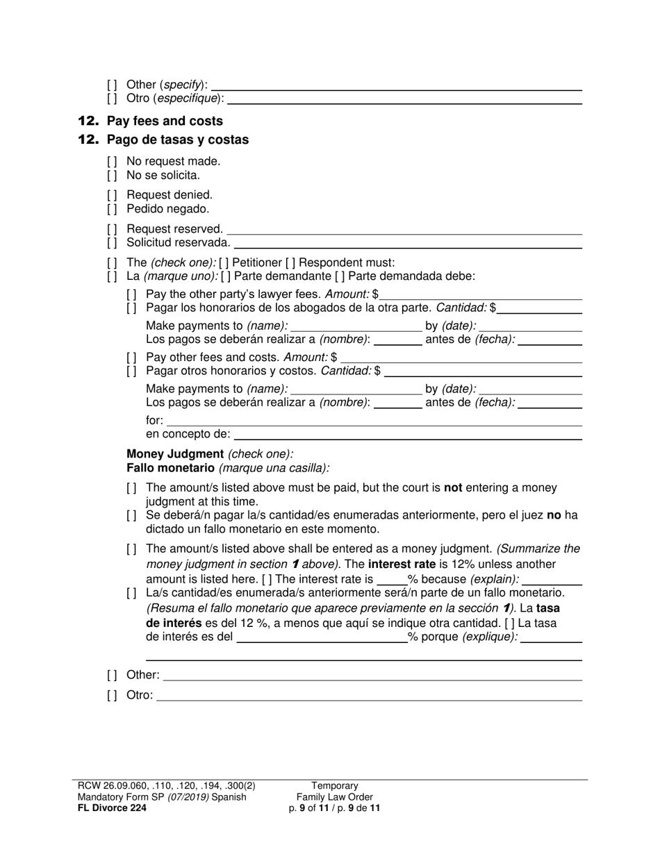 Form FL Divorce224 Temporary Family Law Order - Washington (English / Spanish), Page 9