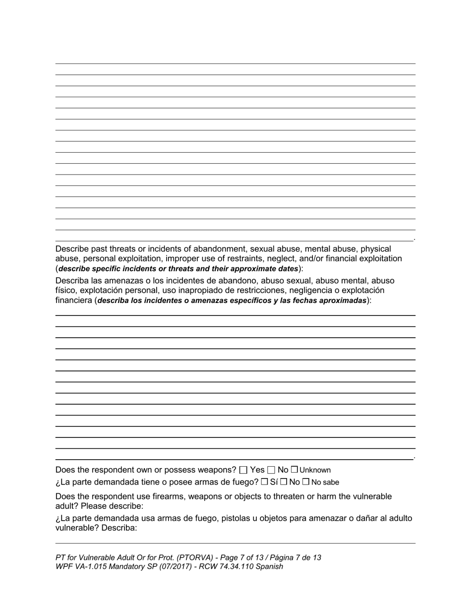 Form WPF VA-1.015 Petition for Vulnerable Adult Order for Protection (Ptorva) - Washington (English / Spanish), Page 11