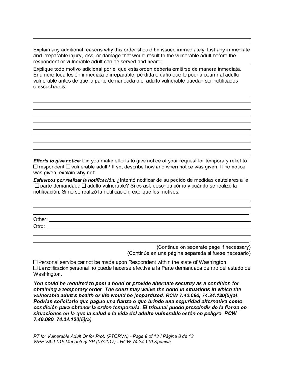 Form WPF VA-1.015 Petition for Vulnerable Adult Order for Protection (Ptorva) - Washington (English / Spanish), Page 12