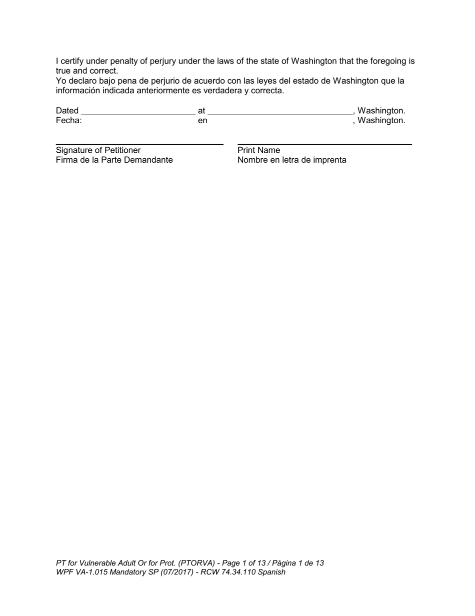 Form WPF VA-1.015 Petition for Vulnerable Adult Order for Protection (Ptorva) - Washington (English / Spanish), Page 13
