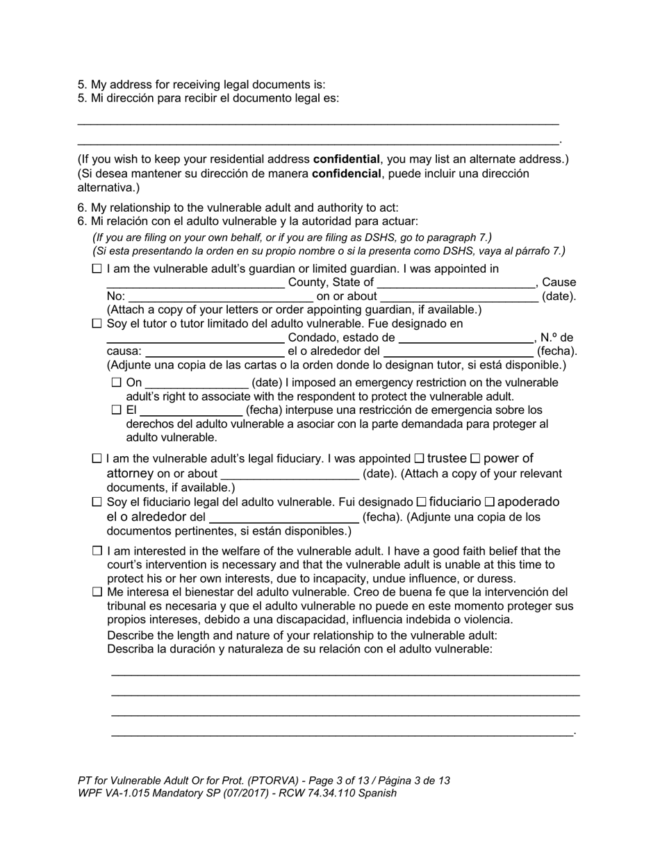 Form WPF VA-1.015 Petition for Vulnerable Adult Order for Protection (Ptorva) - Washington (English / Spanish), Page 3