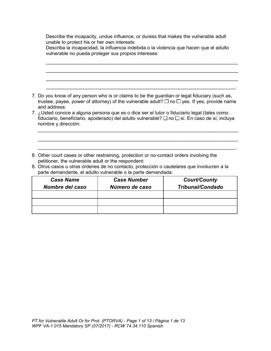 Form WPF VA-1.015 Petition for Vulnerable Adult Order for Protection (Ptorva) - Washington (English / Spanish), Page 4