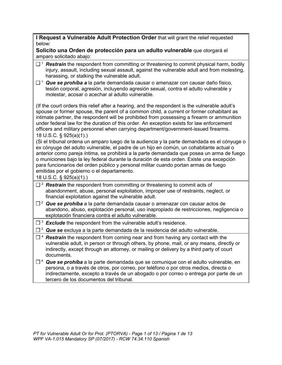Form WPF VA-1.015 Petition for Vulnerable Adult Order for Protection (Ptorva) - Washington (English / Spanish), Page 5