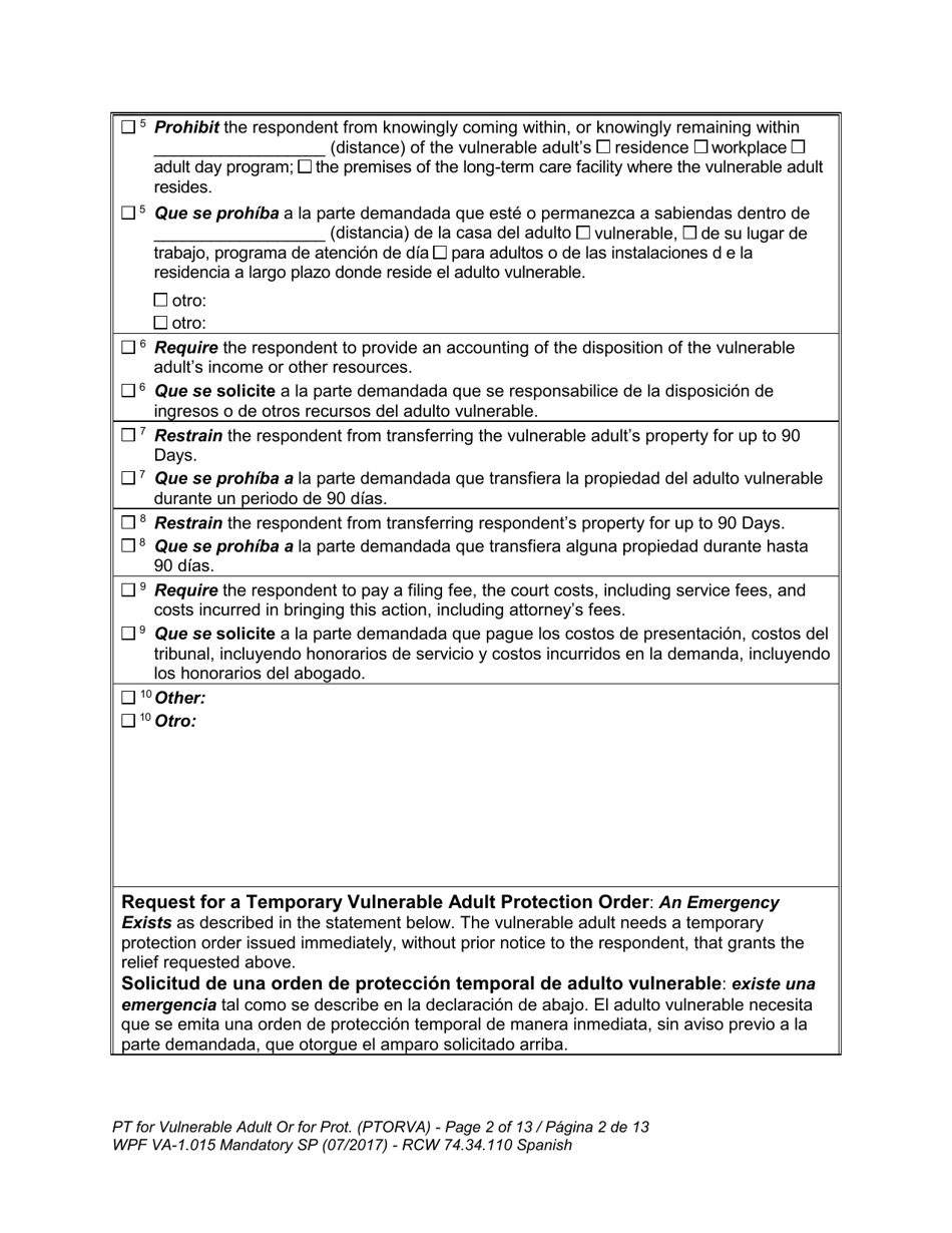 Form WPF VA-1.015 Petition for Vulnerable Adult Order for Protection (Ptorva) - Washington (English / Spanish), Page 6