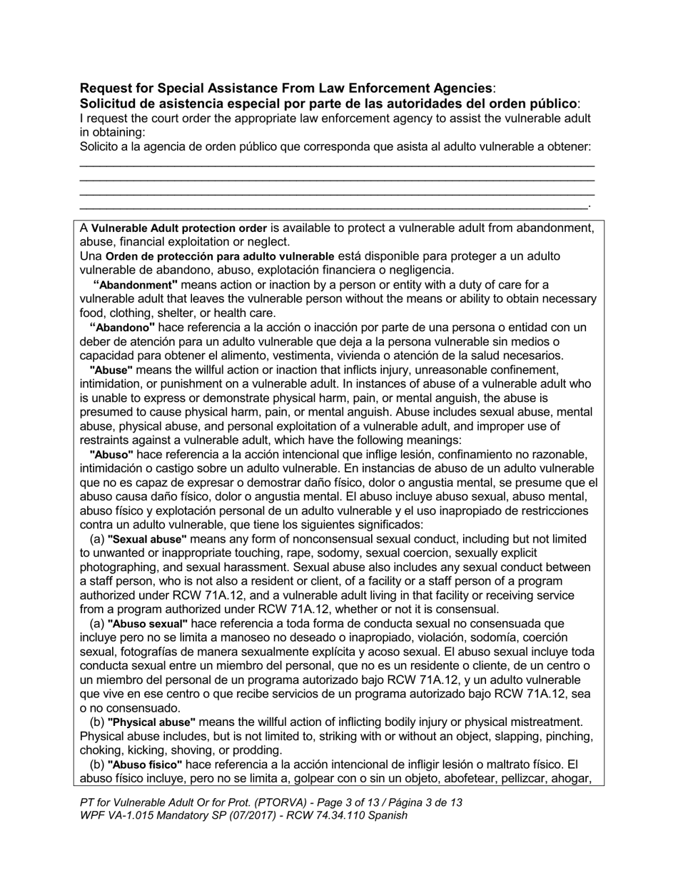 Form WPF VA-1.015 Petition for Vulnerable Adult Order for Protection (Ptorva) - Washington (English / Spanish), Page 7