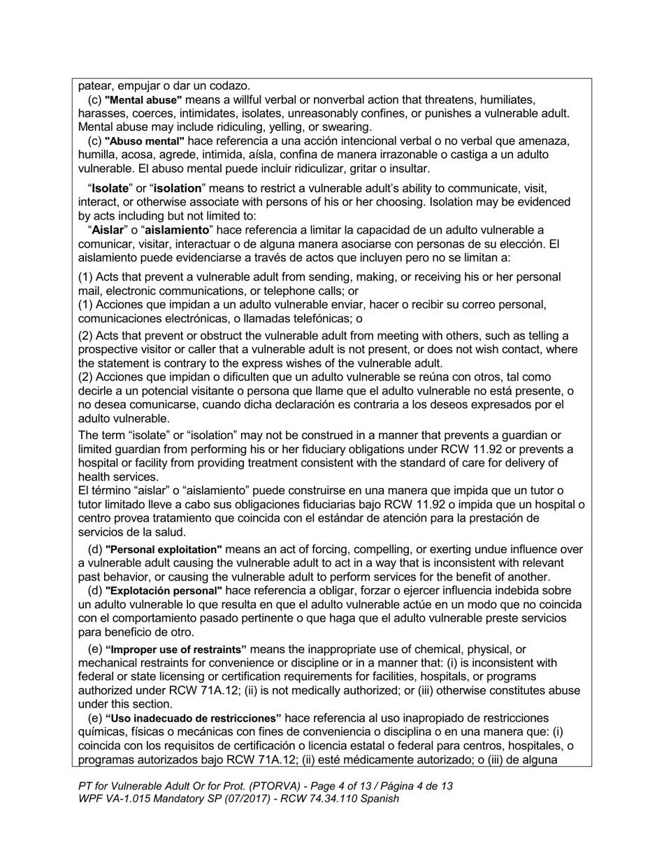 Form WPF VA-1.015 Petition for Vulnerable Adult Order for Protection (Ptorva) - Washington (English / Spanish), Page 8