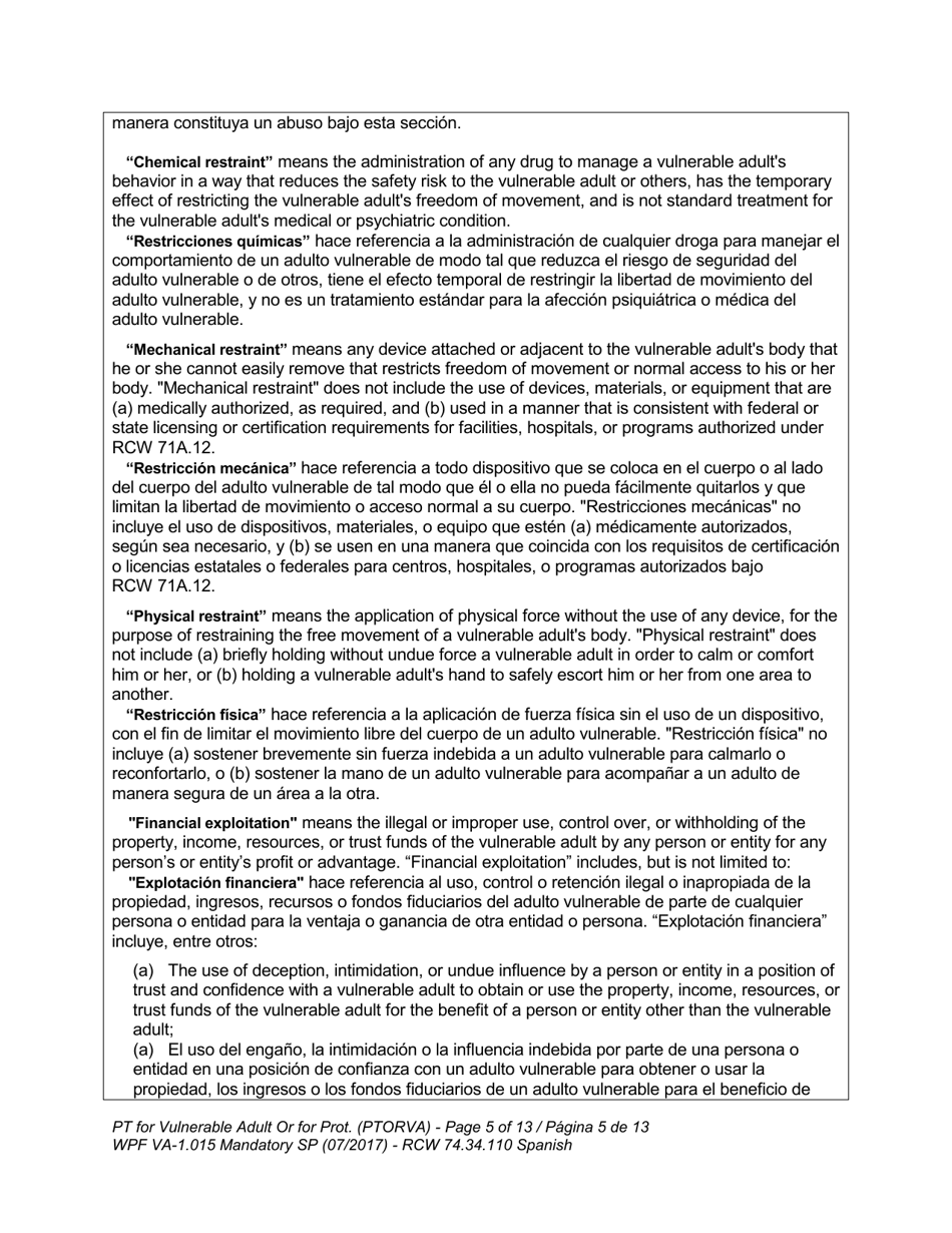 Form WPF VA-1.015 Petition for Vulnerable Adult Order for Protection (Ptorva) - Washington (English / Spanish), Page 9