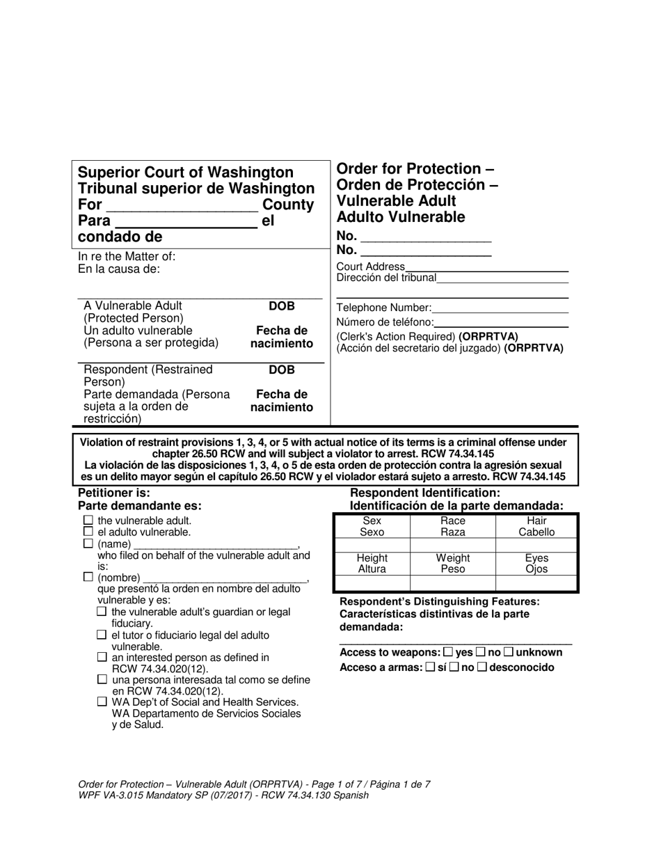Form WPF VA-3.015 Order for Protection - Vulnerable Adult - Washington (English / Spanish), Page 1