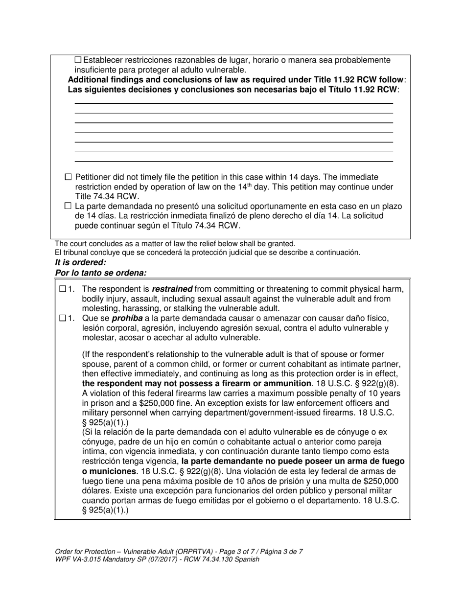 Form WPF VA-3.015 Order for Protection - Vulnerable Adult - Washington (English / Spanish), Page 3