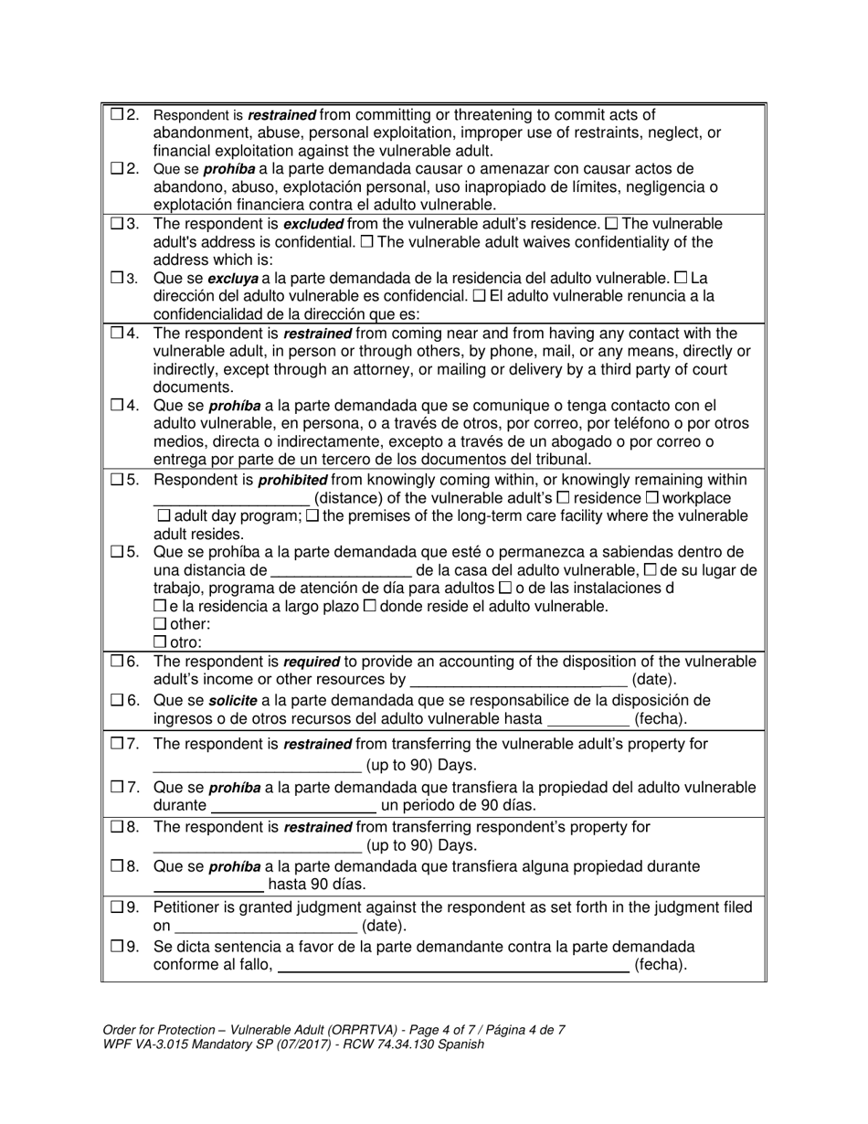 Form WPF VA-3.015 Order for Protection - Vulnerable Adult - Washington (English / Spanish), Page 4