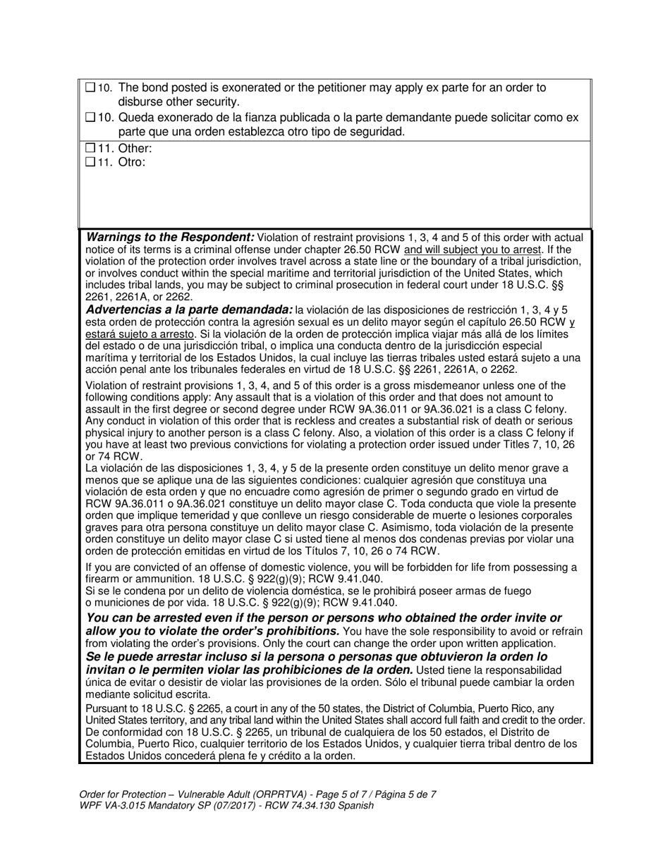 Form WPF VA-3.015 Order for Protection - Vulnerable Adult - Washington (English / Spanish), Page 5