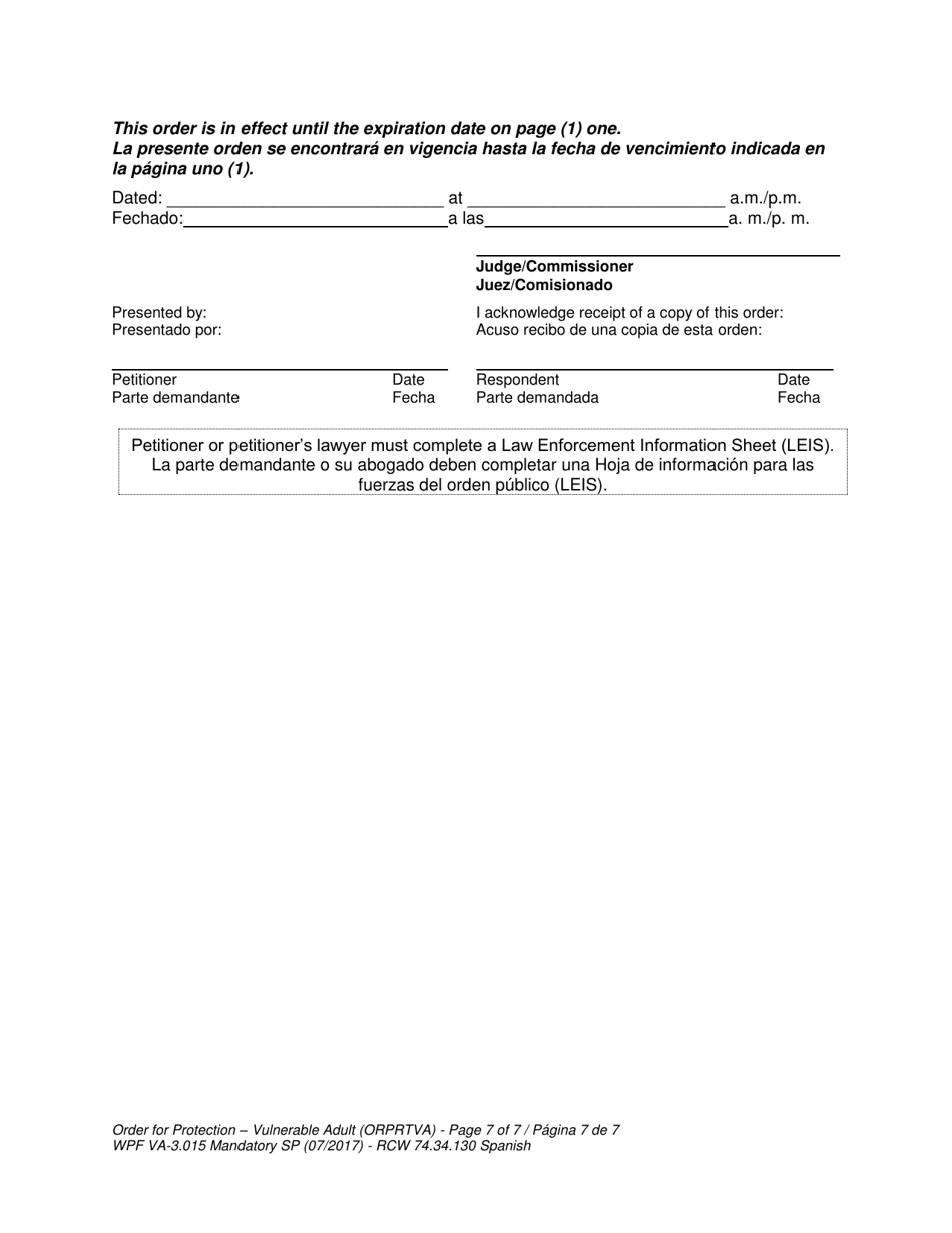 Form WPF VA-3.015 Order for Protection - Vulnerable Adult - Washington (English / Spanish), Page 7