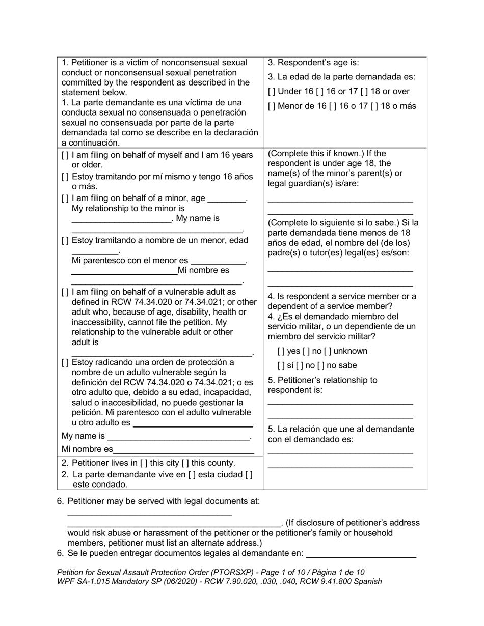 Form WPF SA-1.015 Petition for Sexual Assault Protection Order (Ptorsxp) - Washington (English / Spanish), Page 2