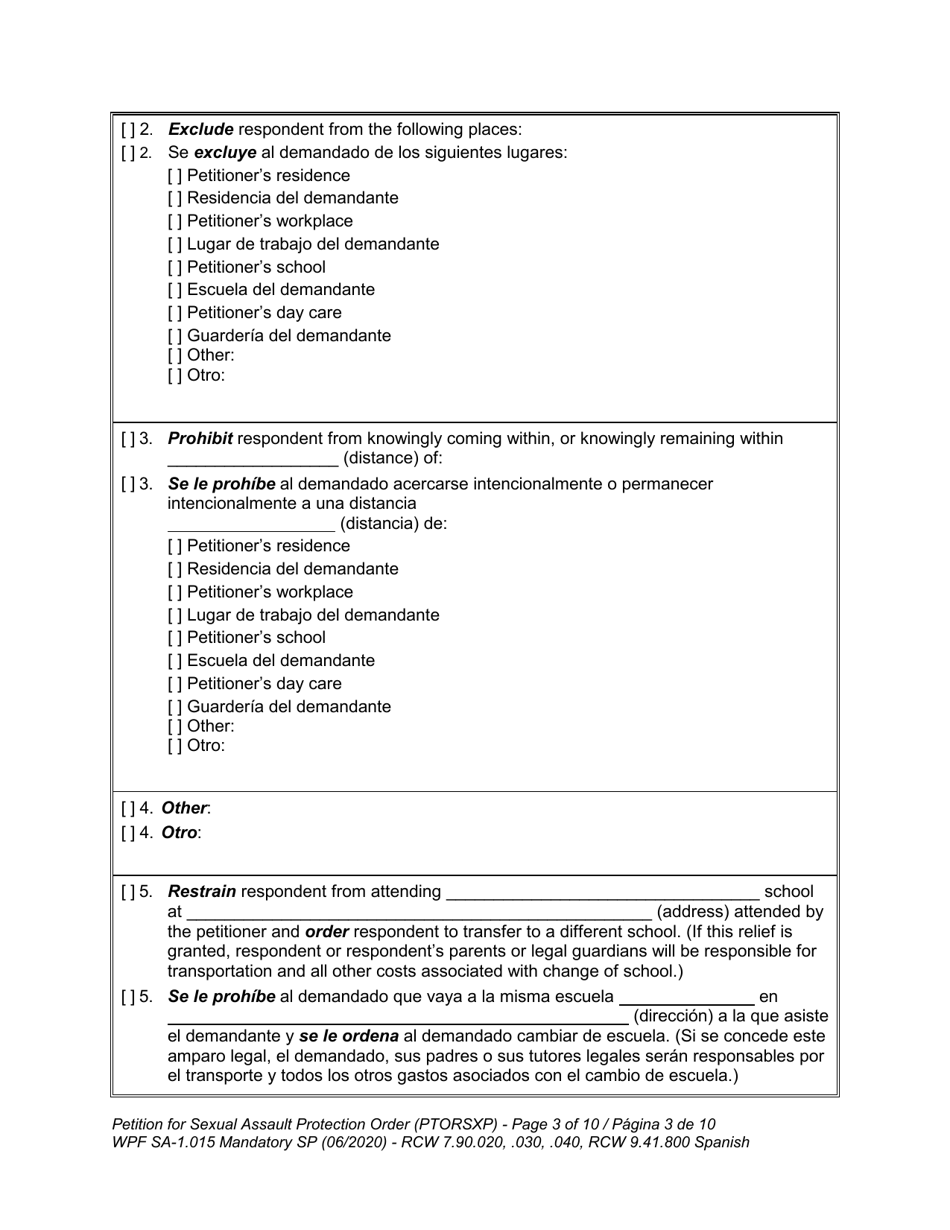 Form WPF SA-1.015 Petition for Sexual Assault Protection Order (Ptorsxp) - Washington (English / Spanish), Page 4