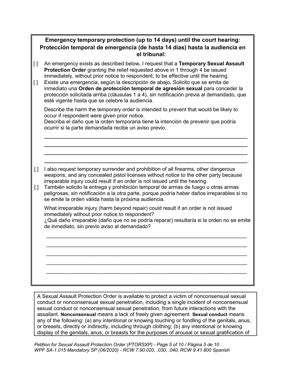 Form WPF SA-1.015 Petition for Sexual Assault Protection Order (Ptorsxp) - Washington (English / Spanish), Page 6