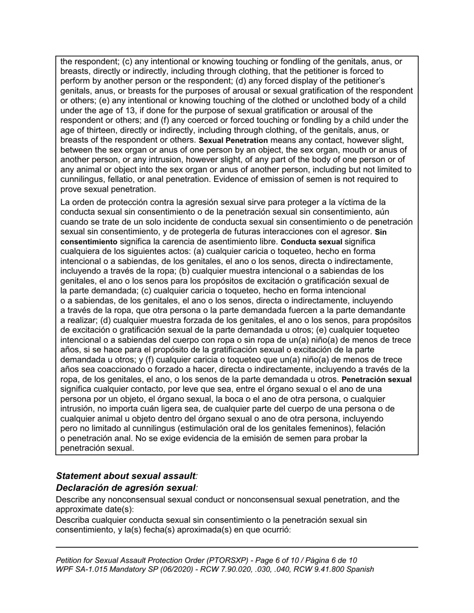 Form WPF SA-1.015 Petition for Sexual Assault Protection Order (Ptorsxp) - Washington (English / Spanish), Page 7