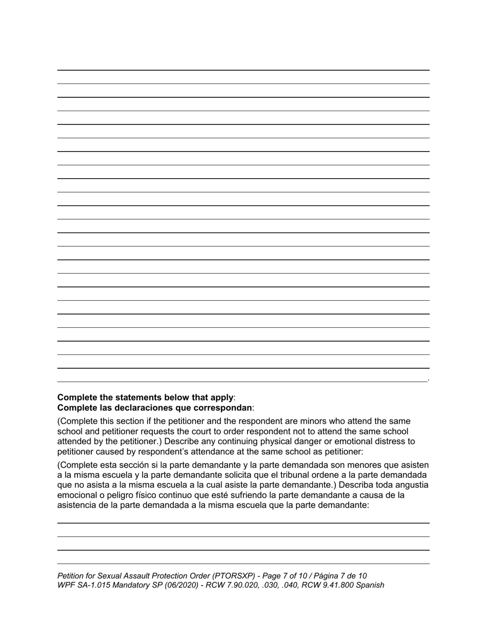 Form WPF SA-1.015 Petition for Sexual Assault Protection Order (Ptorsxp) - Washington (English / Spanish), Page 8