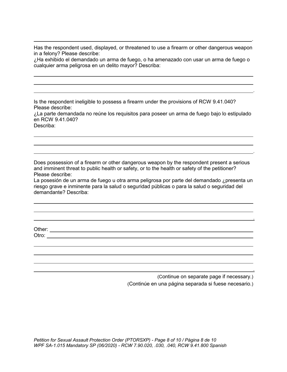 Form WPF SA-1.015 Petition for Sexual Assault Protection Order (Ptorsxp) - Washington (English / Spanish), Page 9